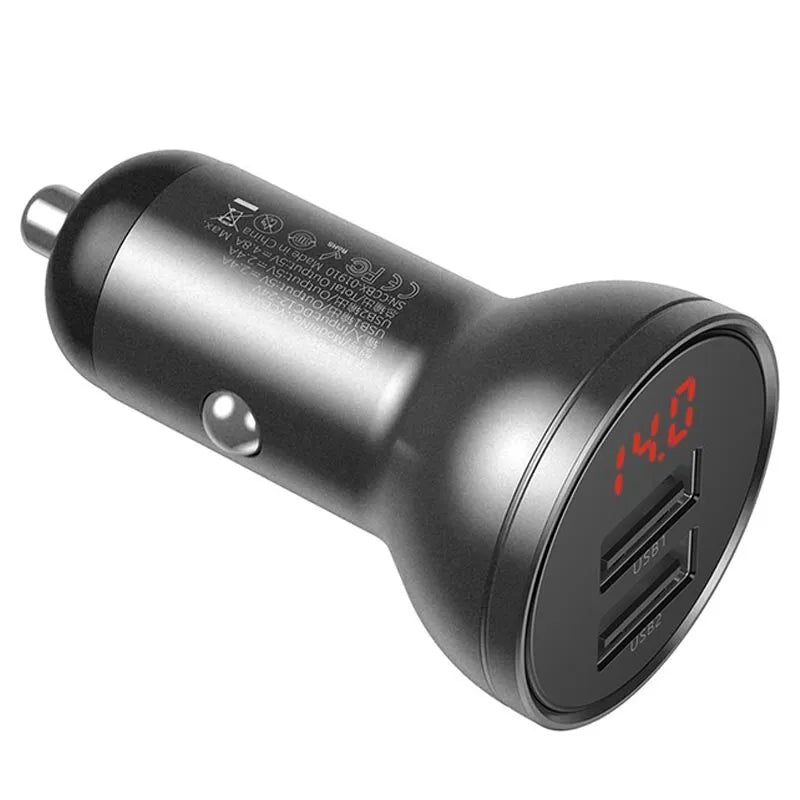 CARGADOR AUTO DISPLAY DIGITAL DUAL USB 4.8A + CABLE 3 EN 1, 1.2MTS