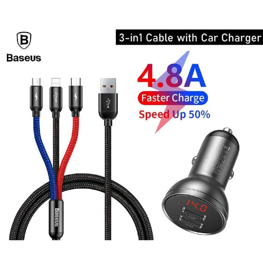CARGADOR AUTO DISPLAY DIGITAL DUAL USB 4.8A + CABLE 3 EN 1, 1.2MTS