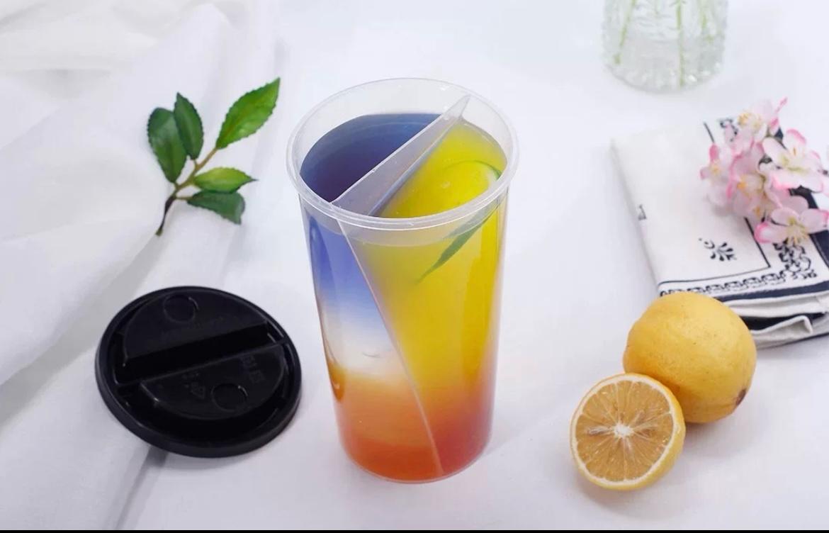 VASOS DOBLE PP RECICLABLES CON TAPA 750ML DE BUBBLE TEA Y JUGOS 92UND